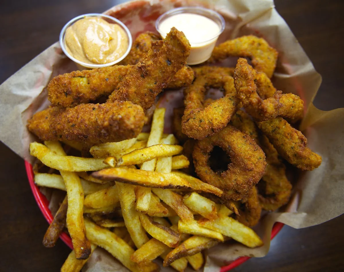 Southern-style fried catfish and fries with dipping sauces