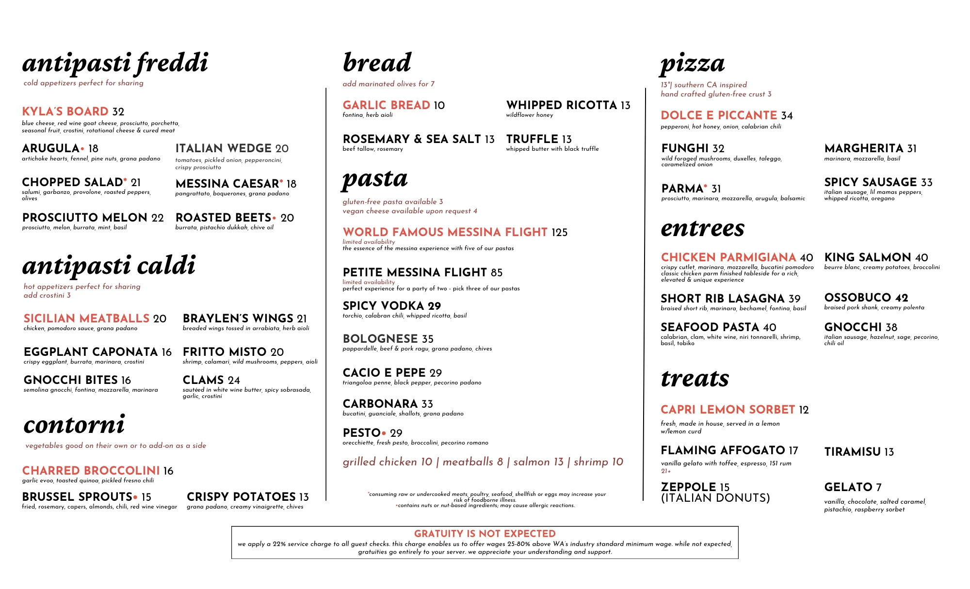 Italian menu featuring antipasti, pasta, pizza, and desserts