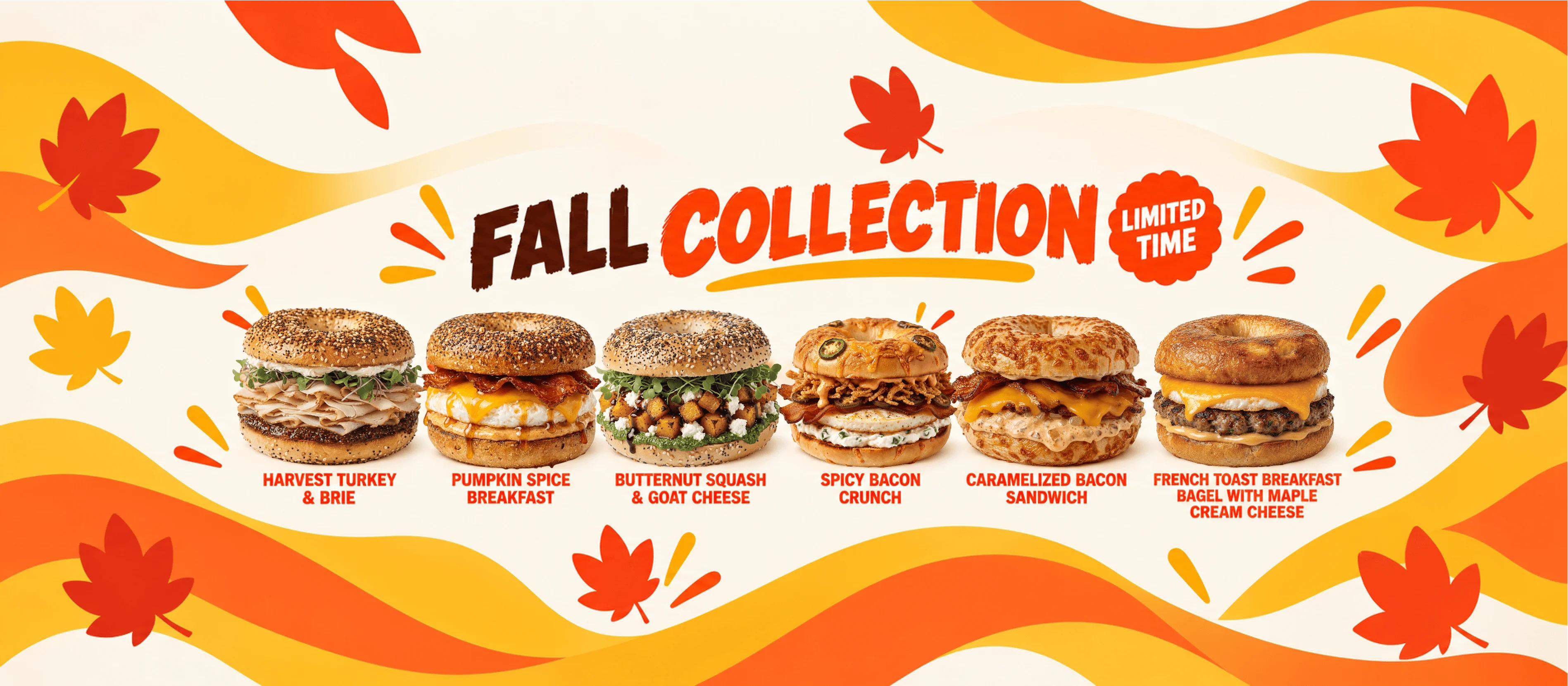 Seasonal bagel sandwich lineup in a colorful fall-themed restaurant promotion