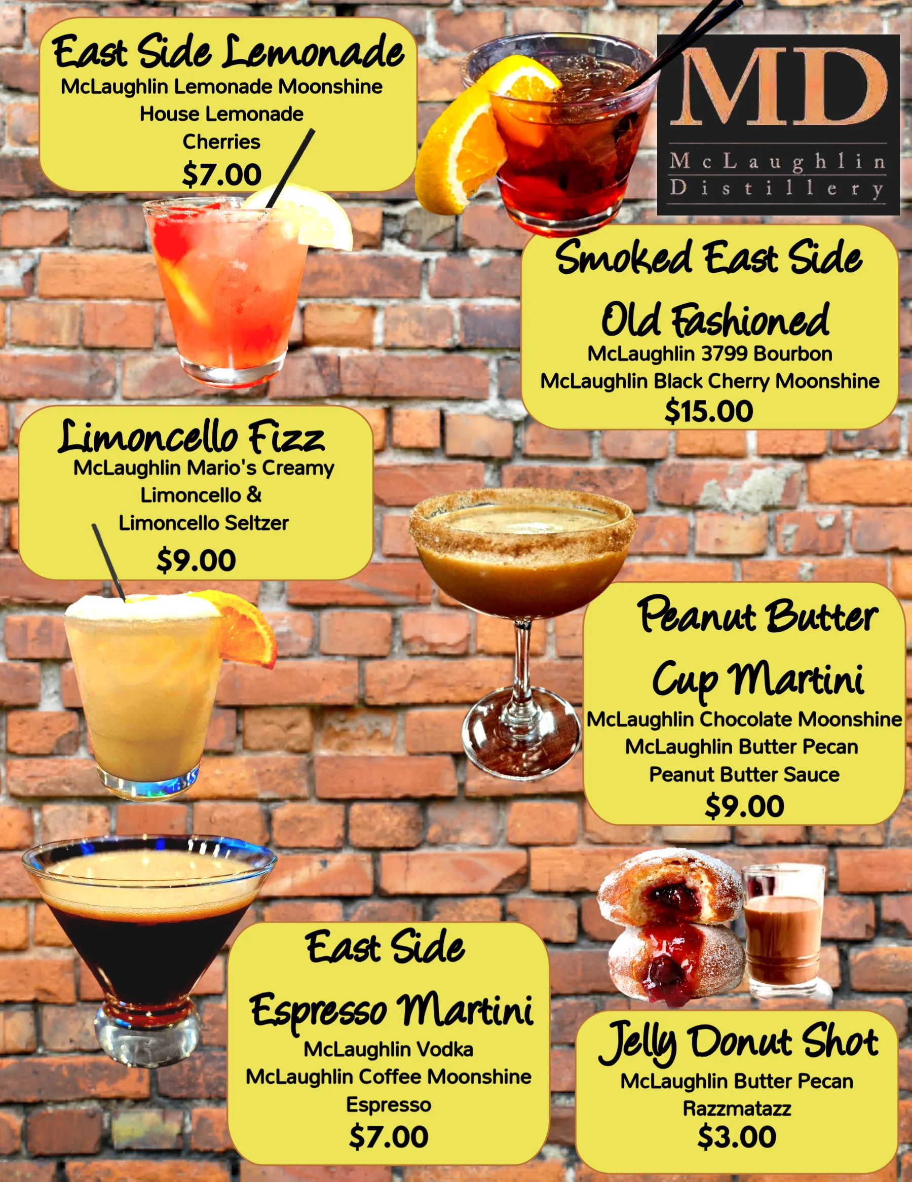 Cocktail menu featuring various drinks and prices at McLaughlin Distillery.