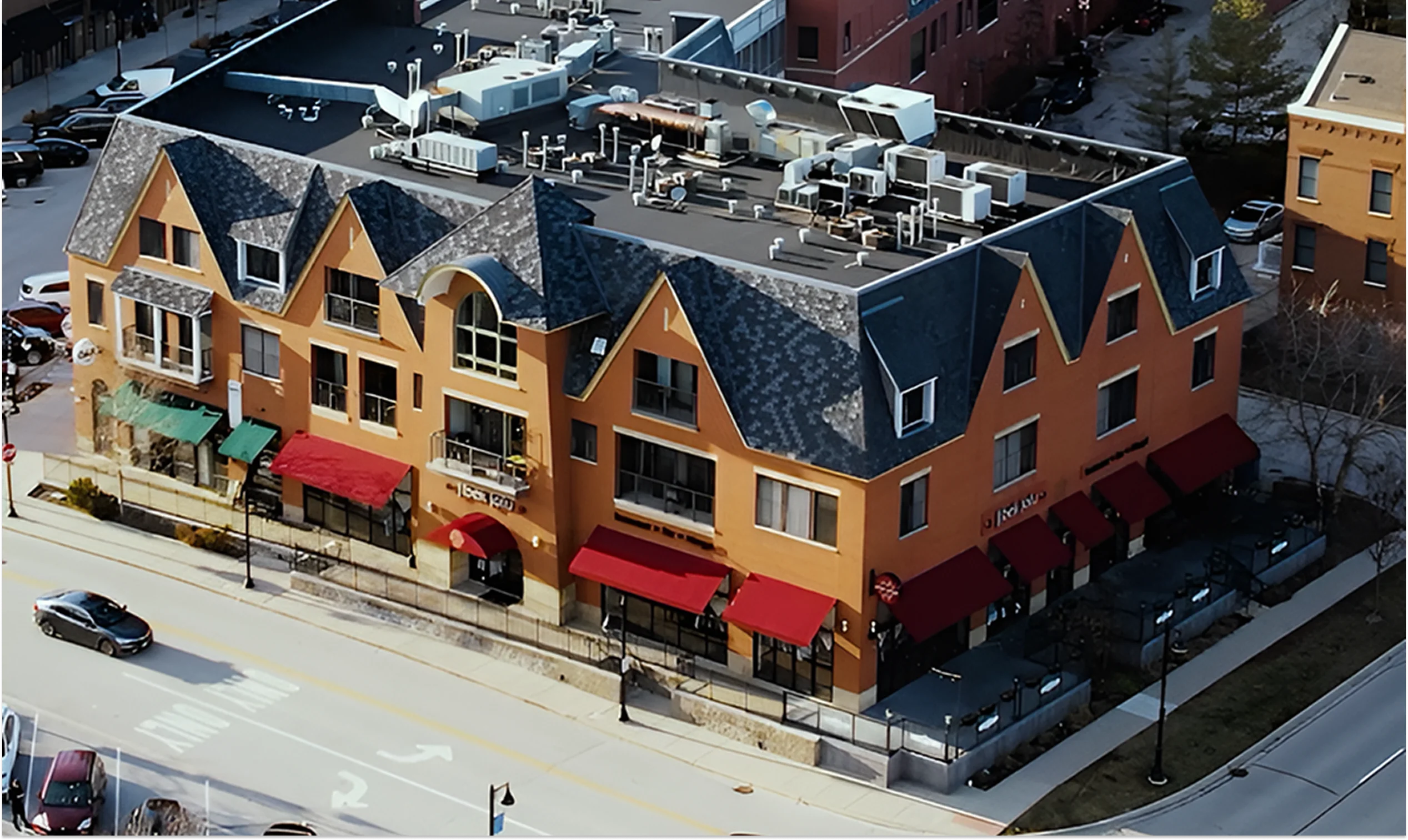 Charming restaurant exterior with colorful awnings