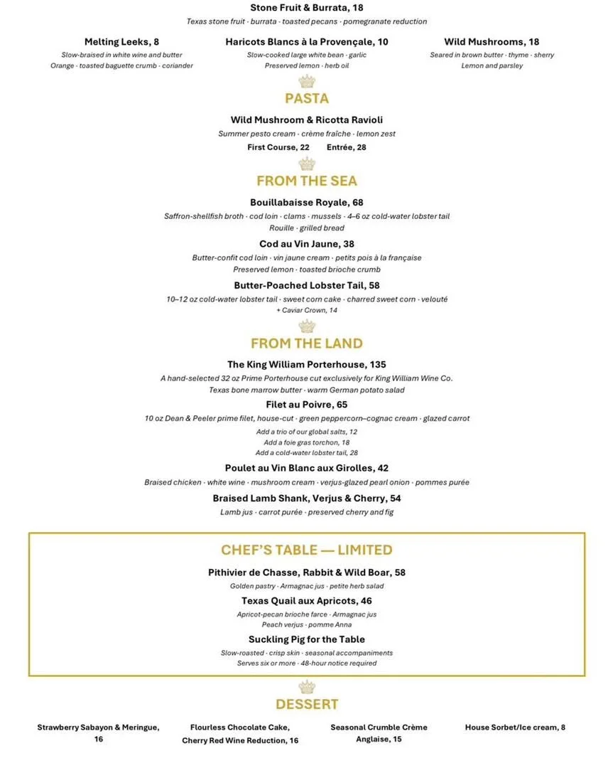 Elegant menu featuring gourmet dishes from land and sea