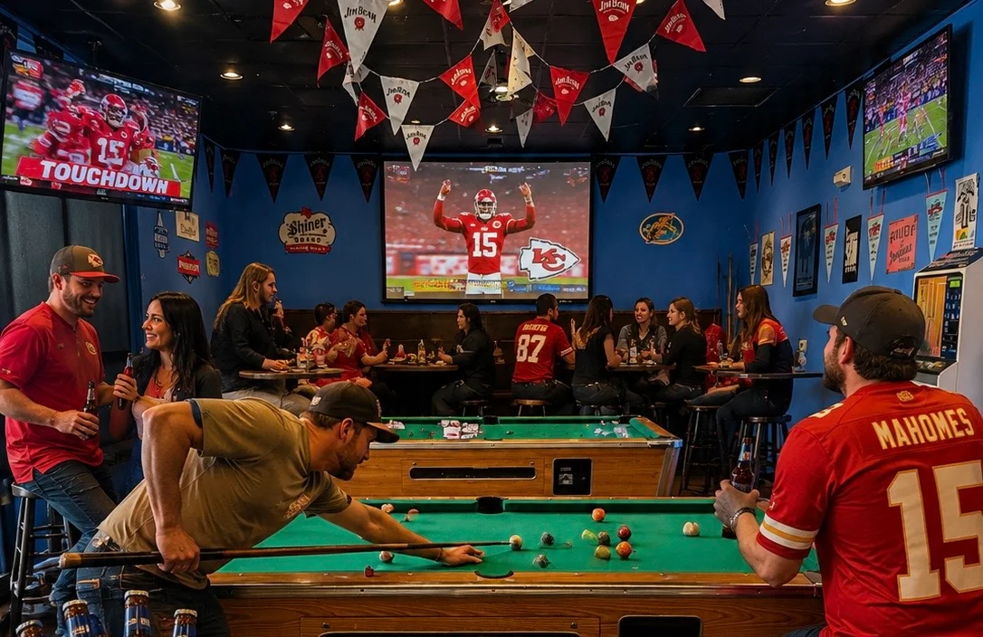 Lively sports bar with fans enjoying a game and playing pool