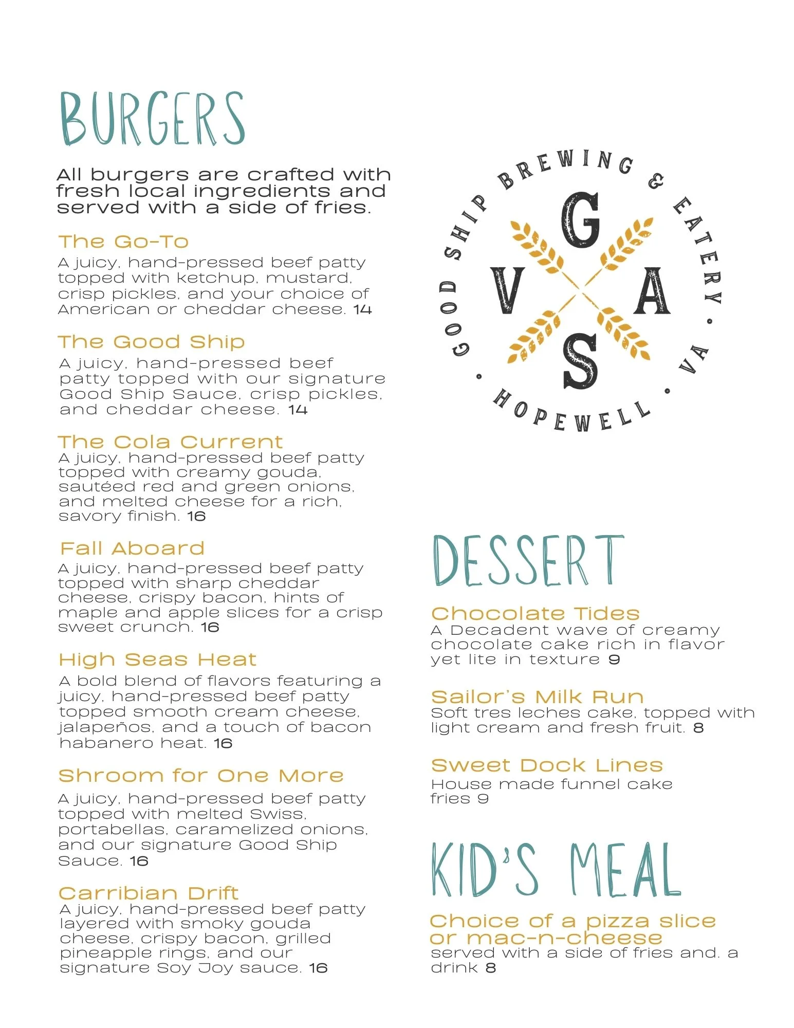 Menu featuring gourmet burgers and desserts at a brewery eatery