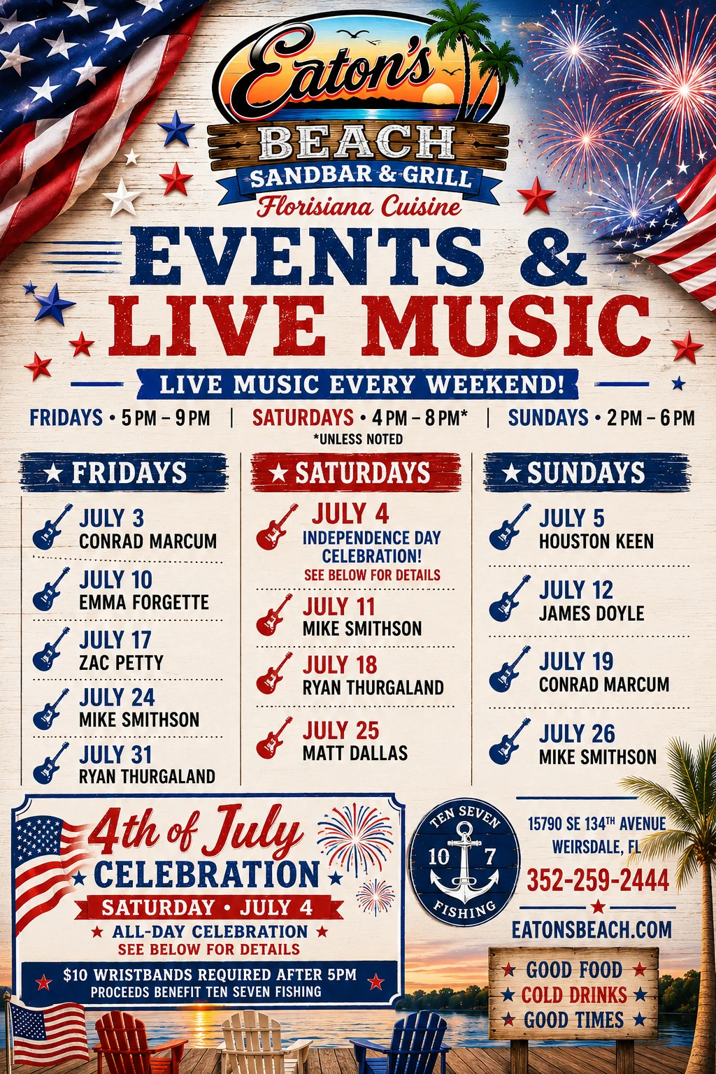 Event schedule for live music at Eaton's Beach Sandbar & Grill