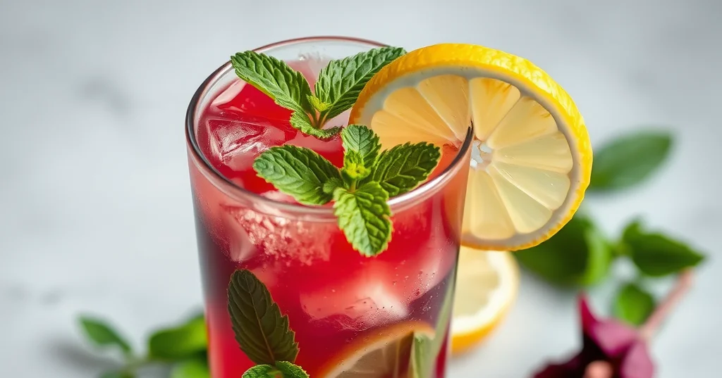 Refreshing hibiscus lemonade cocktail with mint and lemon