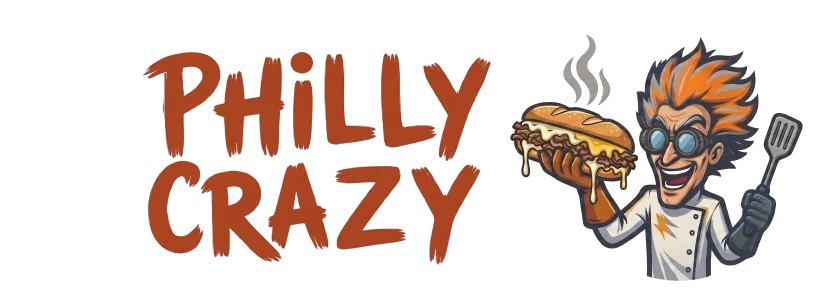 A playful and vibrant logo featuring a cartoon character holding a cheesesteak sandwich. The character has wild hair and wears glasses, with the text 'Philly Crazy' in a bold, colorful font.
