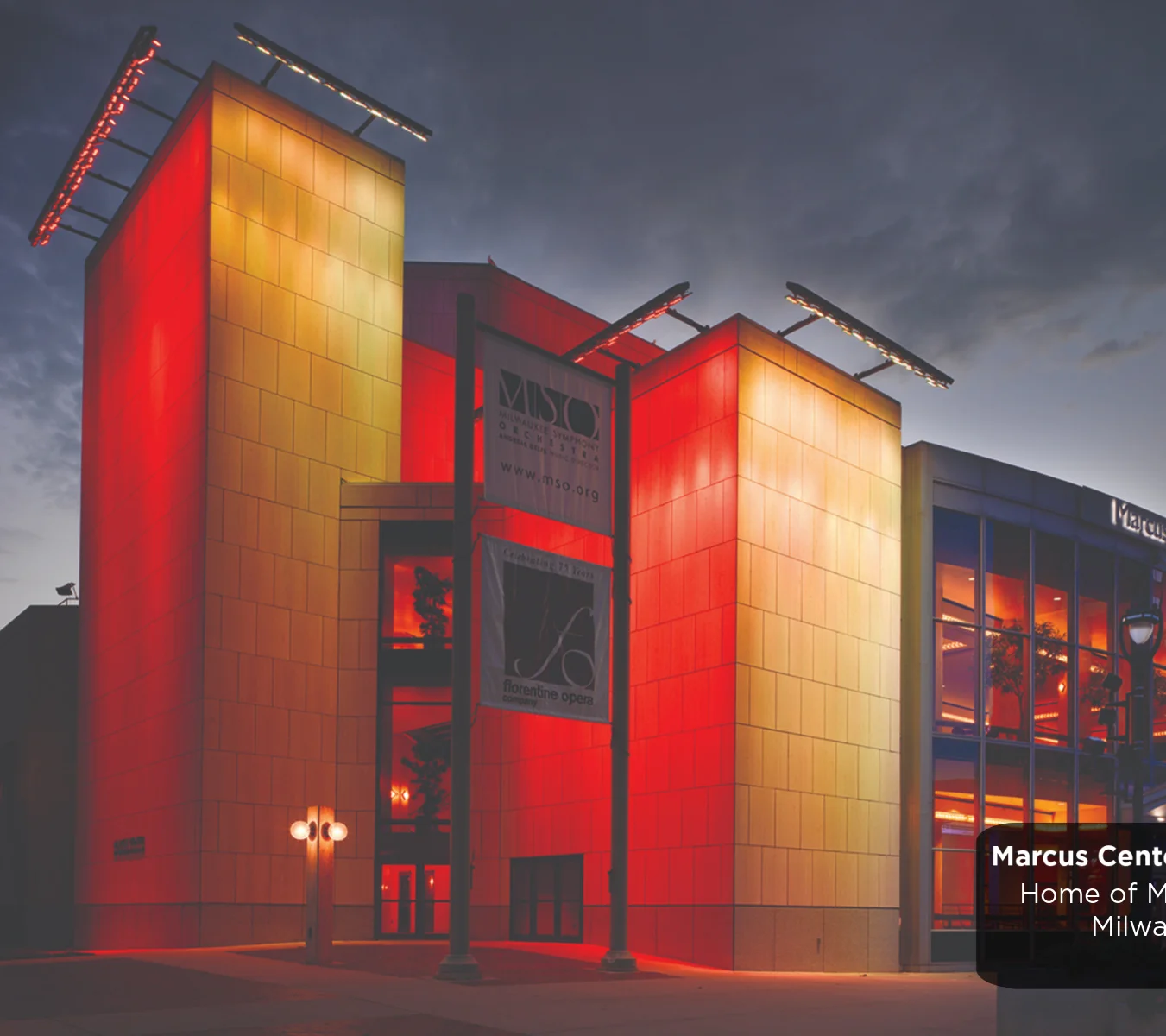 Exterior view of the Marcus Performing Arts Center at night