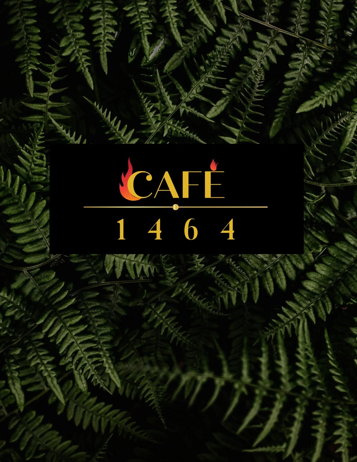 A café logo displayed over a backdrop of lush green ferns, creating a nature-inspired aesthetic.