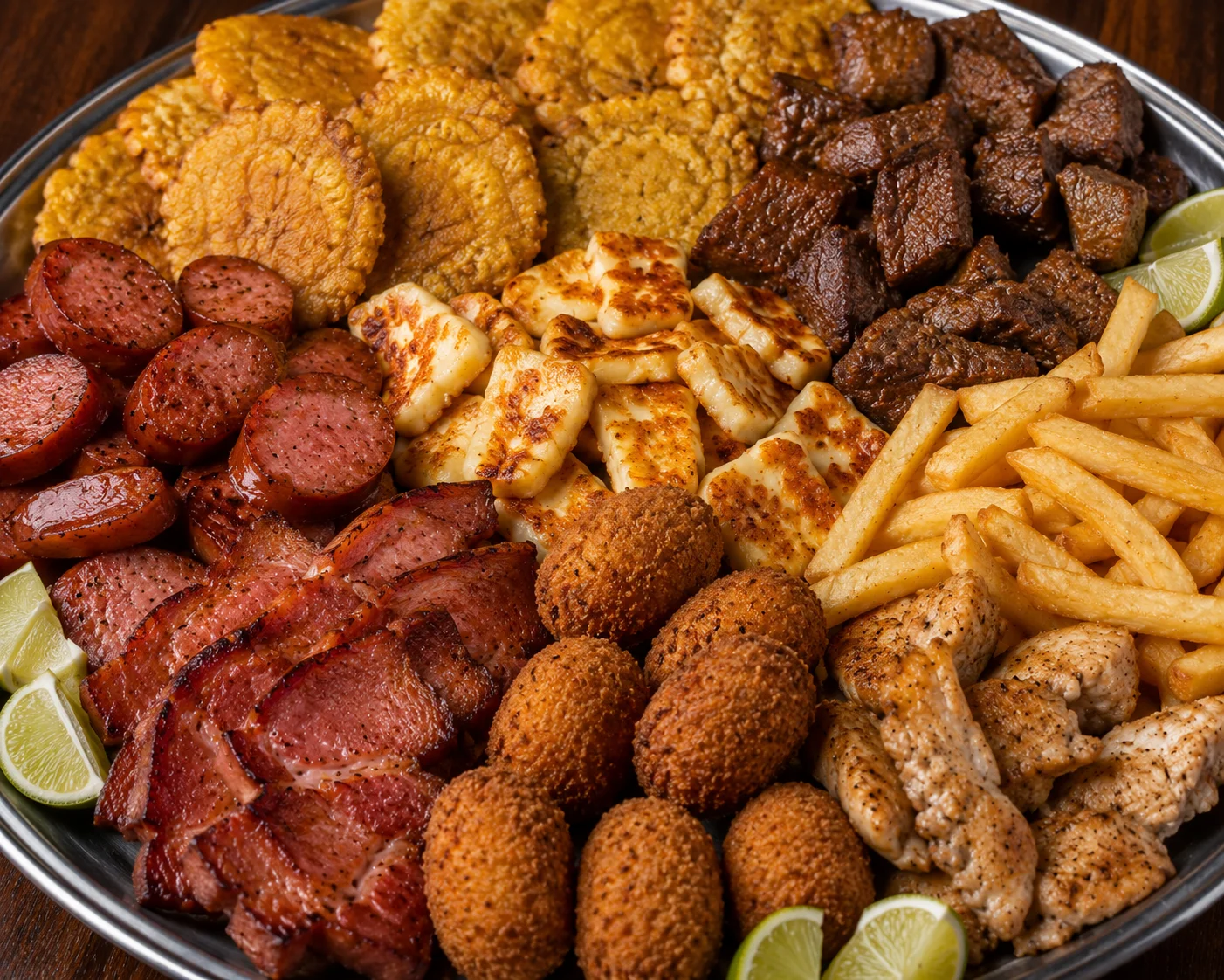 An elaborate platter filled with a variety of meats, fried items, and plantains, garnished with lime wedges for added flavor.