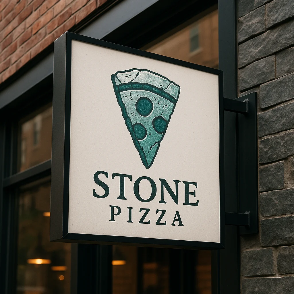 A sign featuring a slice of pizza with a distinctive design, displaying the name 'STONE PIZZA'. The sign is mounted on a brick wall.
