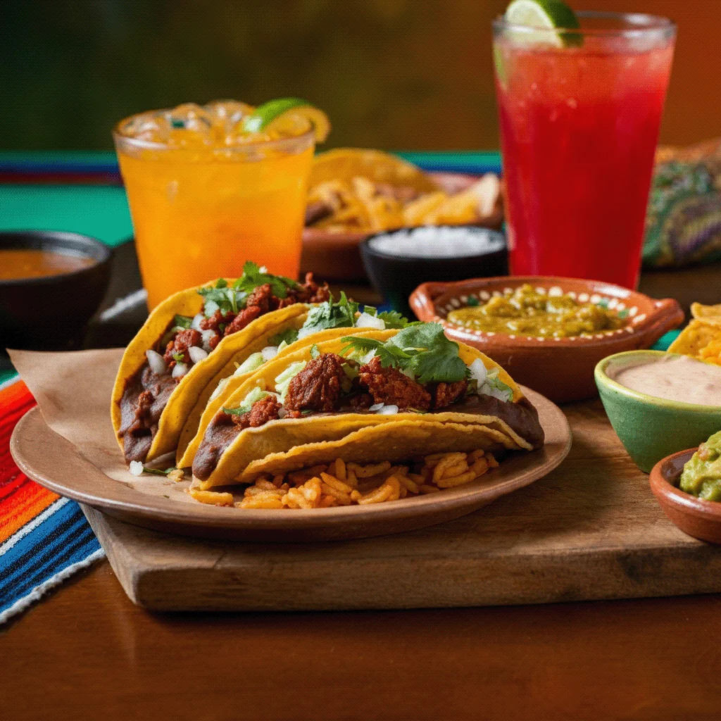 Delicious Mexican tacos with rice and vibrant drinks