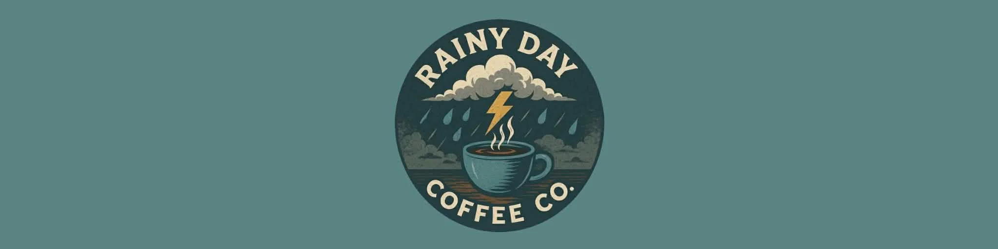 Logo of Rainy Day Coffee Co. featuring a coffee cup and stormy weather