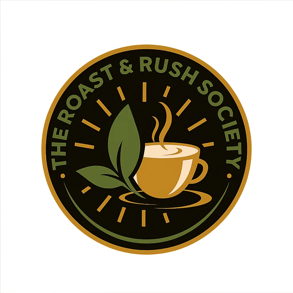 Logo of The Roast & Rush Society featuring a coffee cup and leaves.