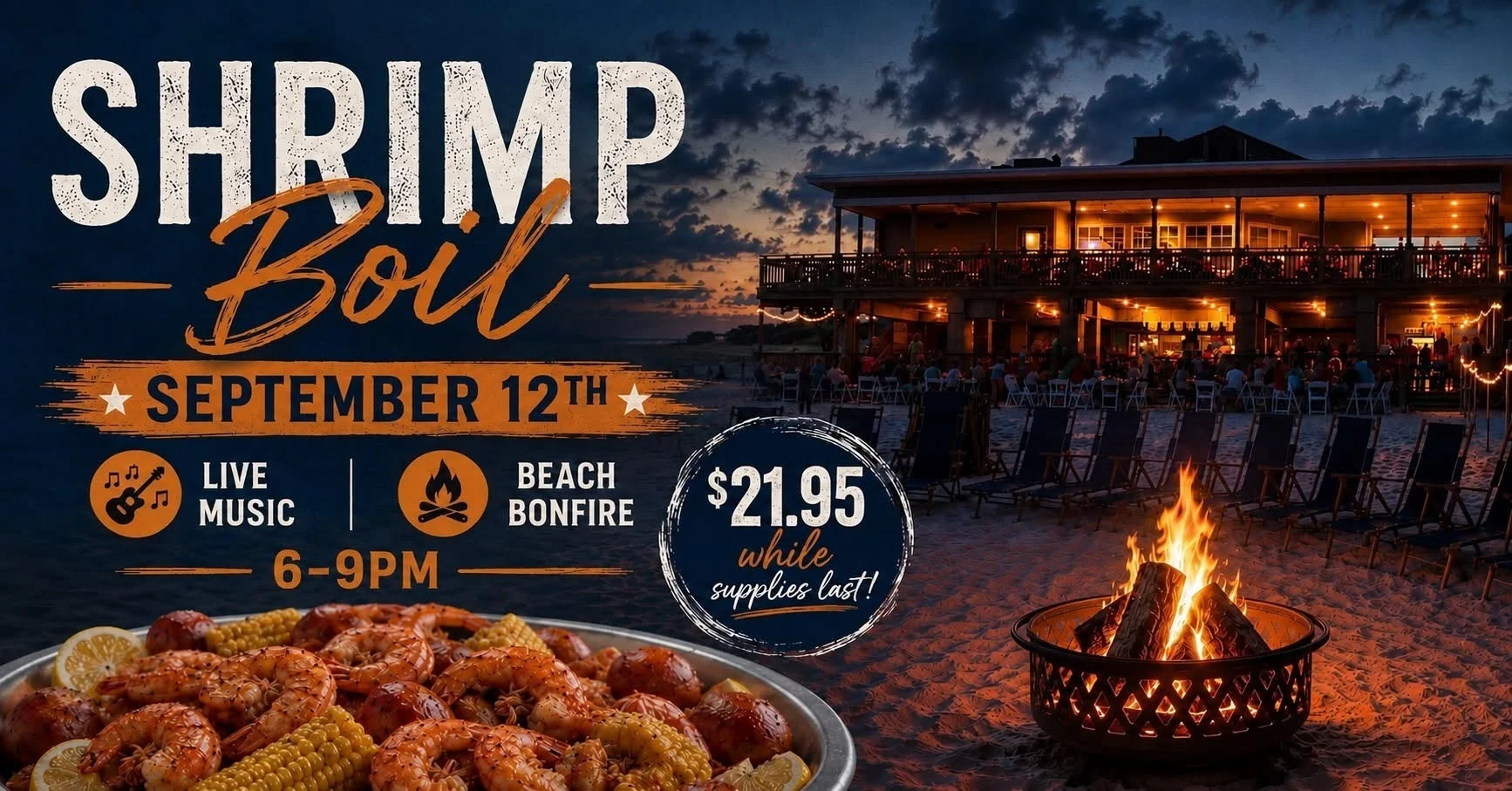 Beach shrimp boil with live music and bonfire