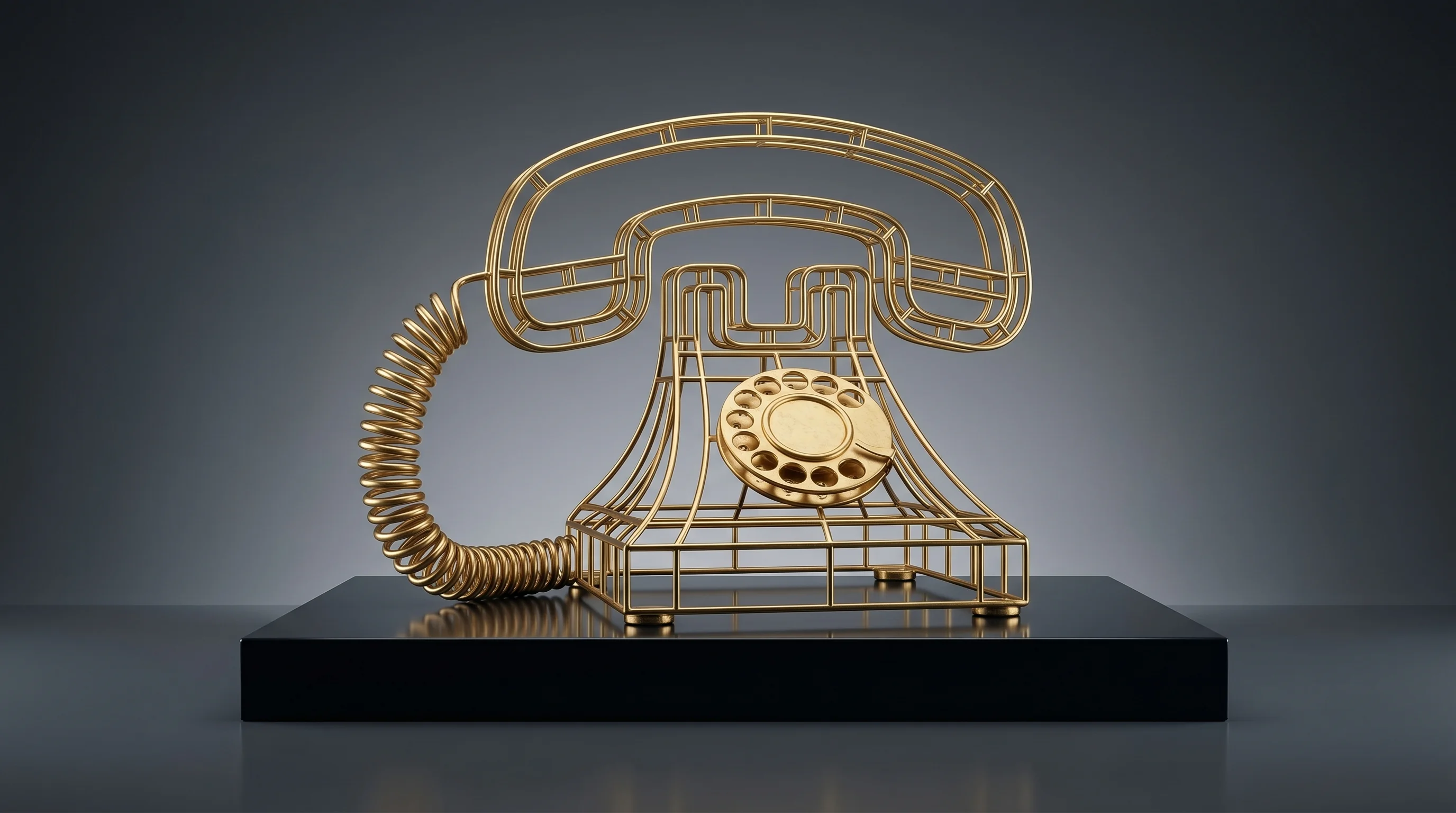 Golden wireframe vintage telephone sculpture
