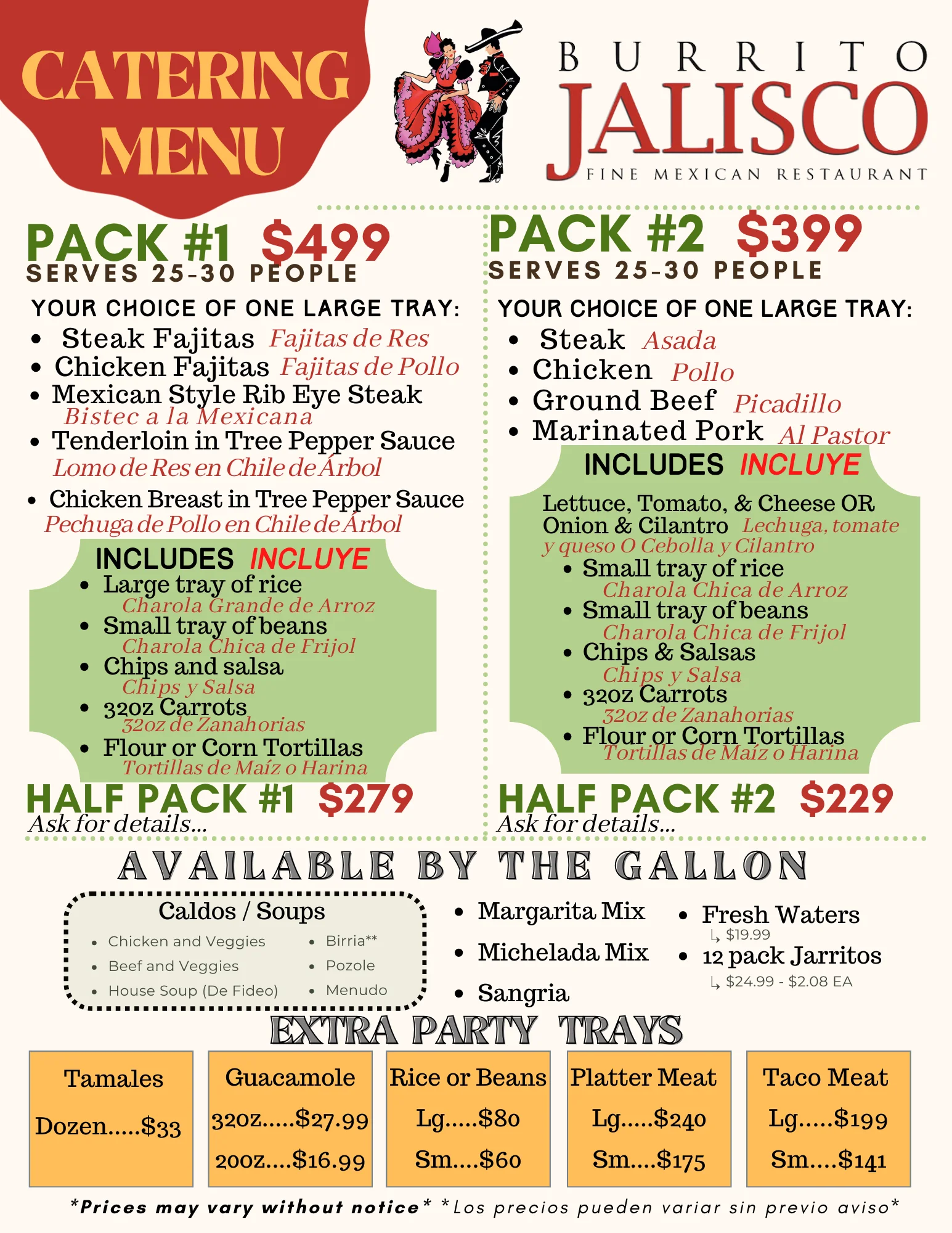 Catering menu for Mexican restaurant featuring fajitas and tacos