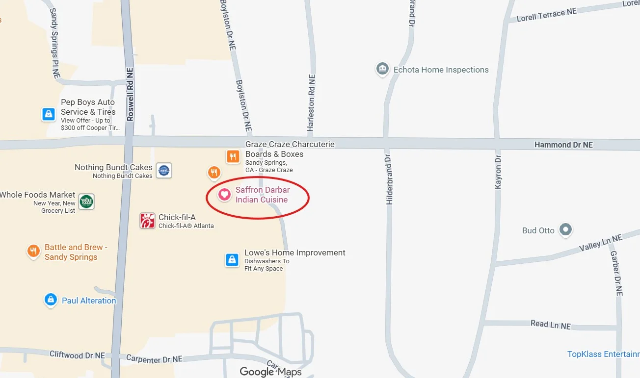 Map showing location of Saffron Darbar Indian Cuisine in Sandy Springs