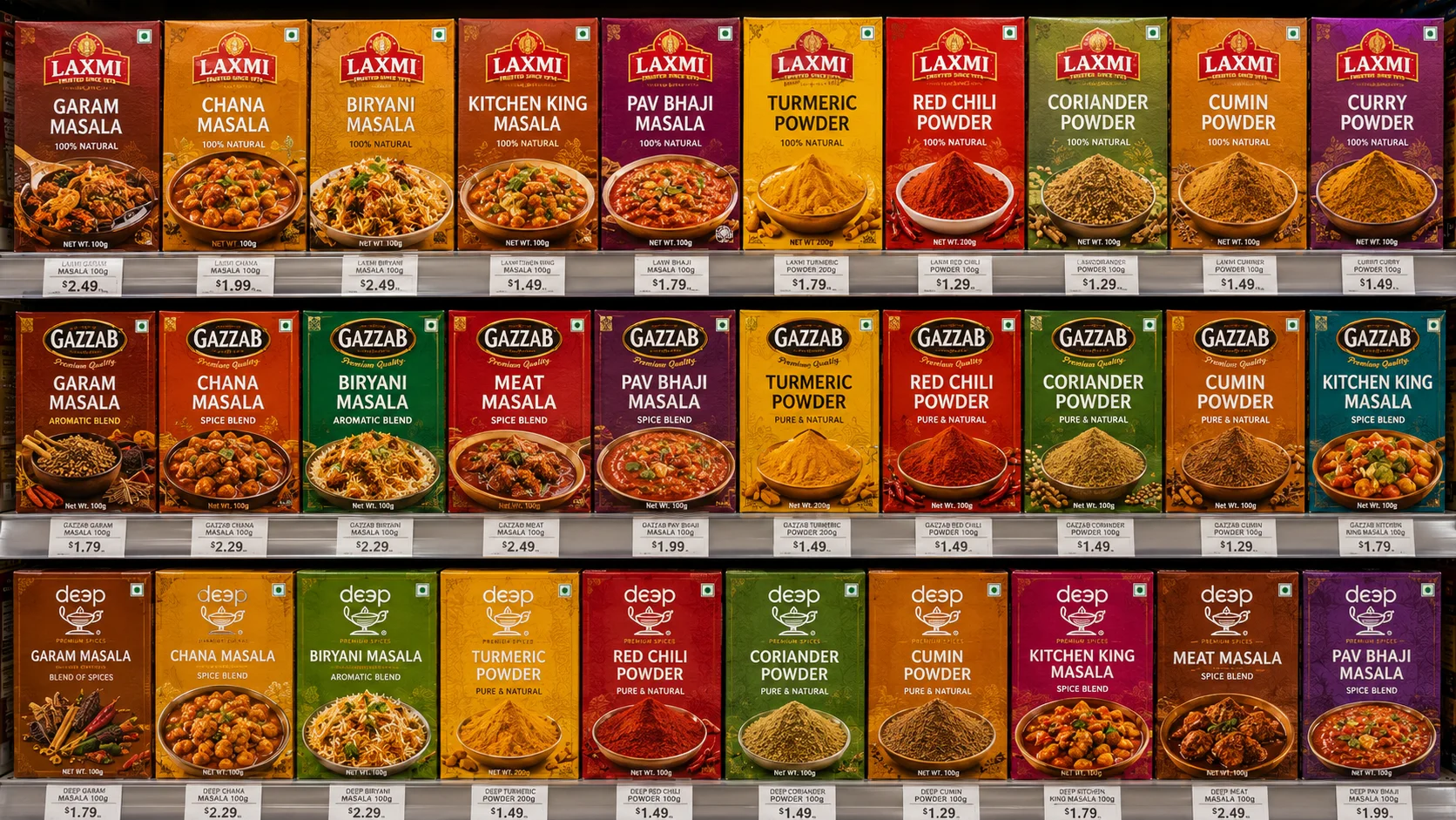 Selection of Indian spices in jars on a wooden shelf