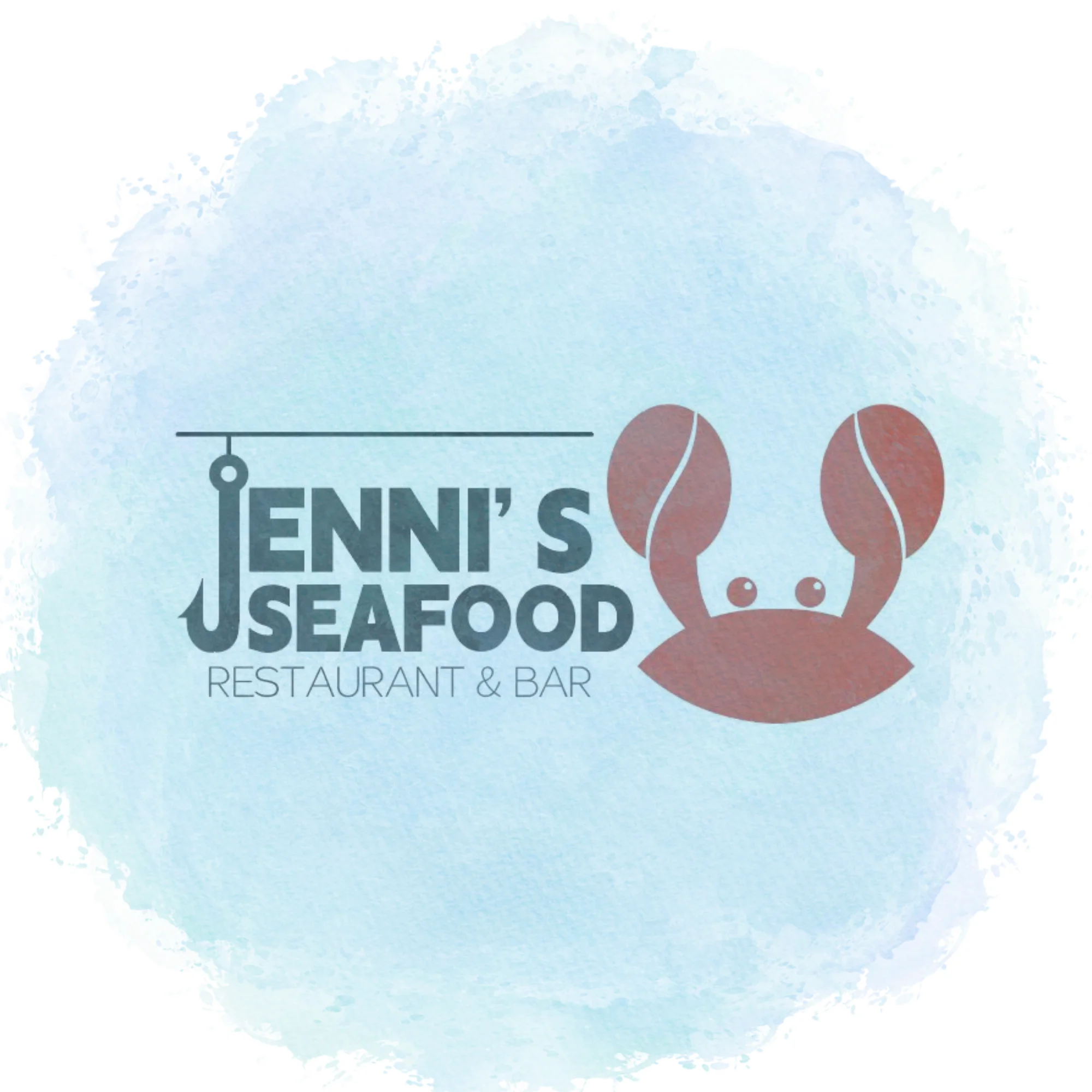 A logo design for a seafood restaurant, featuring a crab illustration along with the text 'Jenni's Seafood Restaurant & Bar' in an elegant font.