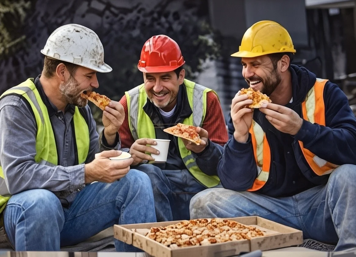 Construction workers enjoying pizza slices during a lunch break catered by Tommy’s Pizza in South Richmond Hill, Queens NY