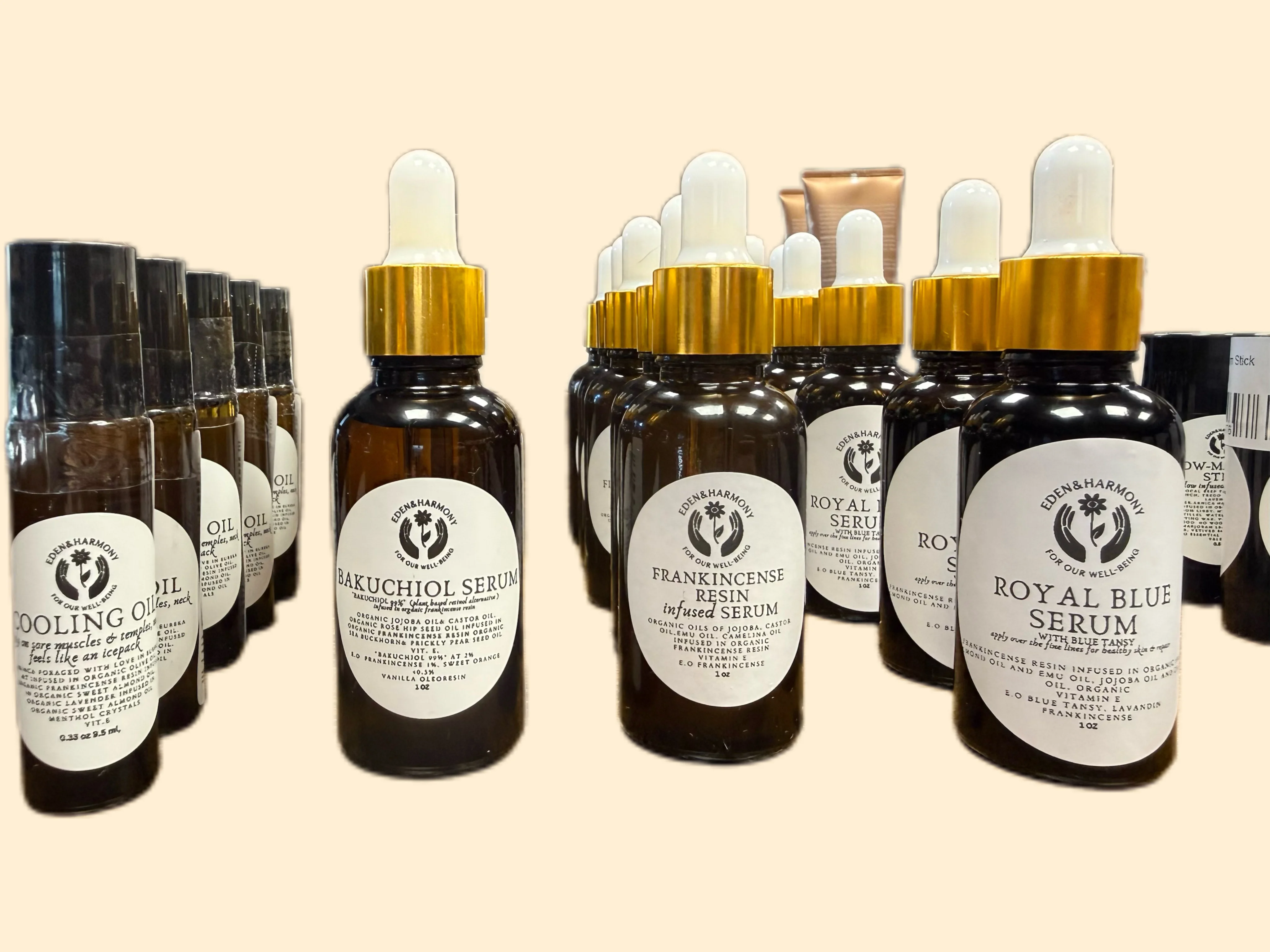 Collection of natural skincare serums and oils on display