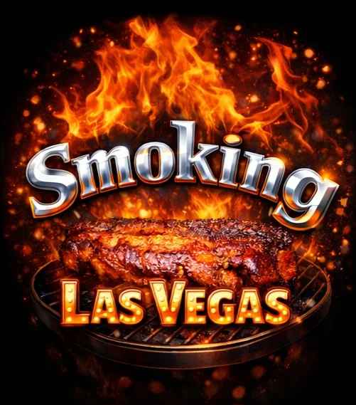 A vibrant graphic design featuring a barbecued slab of meat integrated with flames and stylized text promoting smoking in Las Vegas.