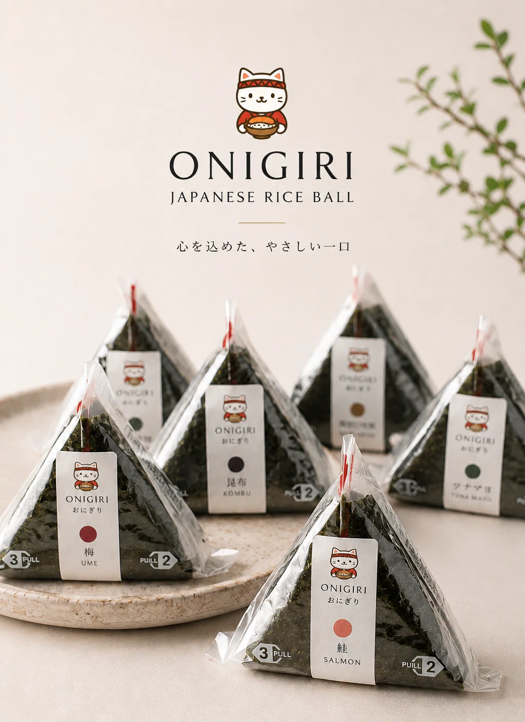 Assorted onigiri rice balls displayed on a plate with packaging.