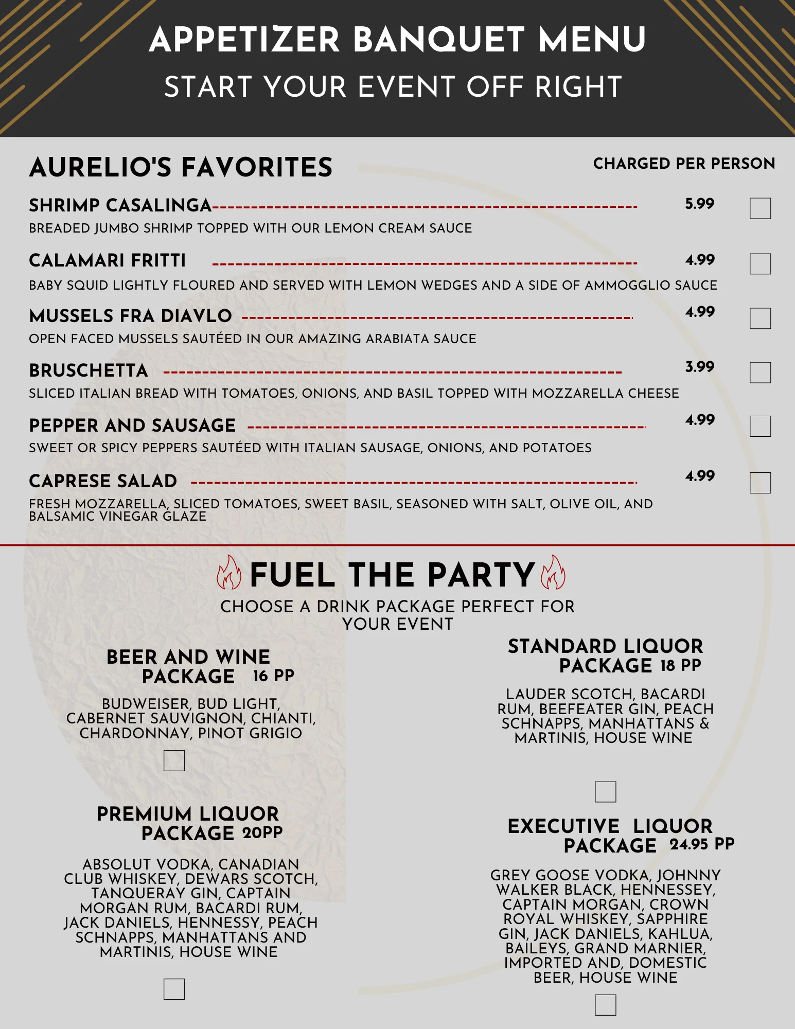 Appetizer banquet menu featuring Italian dishes and drink packages
