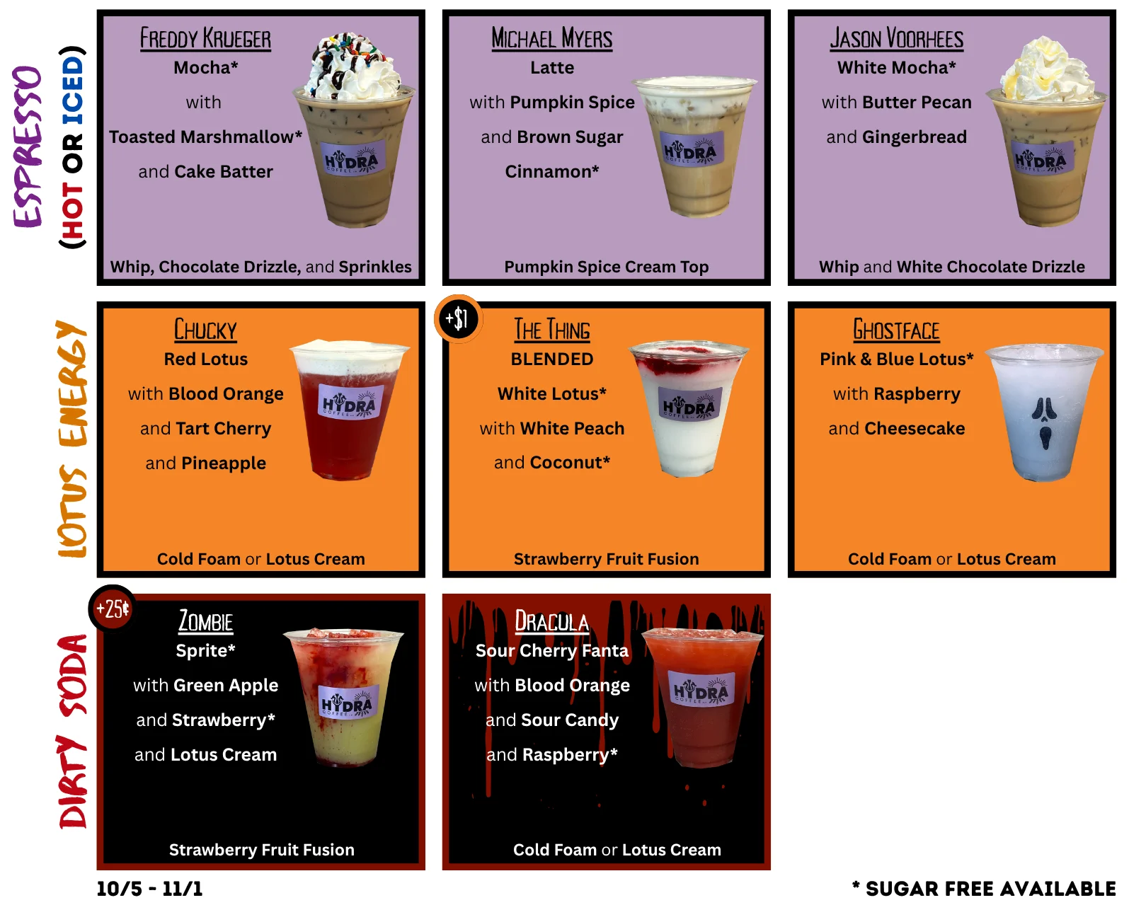 Seasonal coffee, lotus drinks, and soda menu with beverage photos