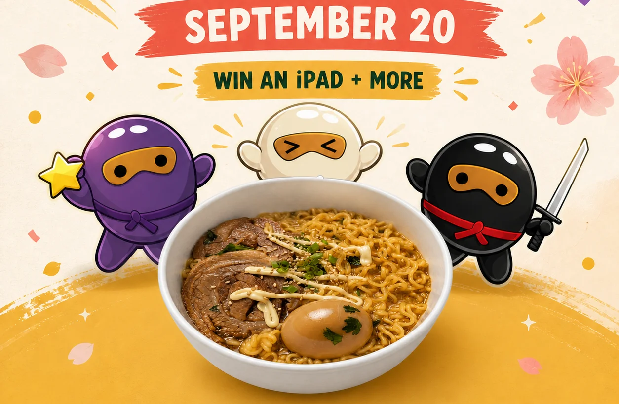 ShakeiT Boba September 20 Madison ramen launch and giveaways poster featuring an iPad, gift cards, ShoToCo plushies, and the food trailer
