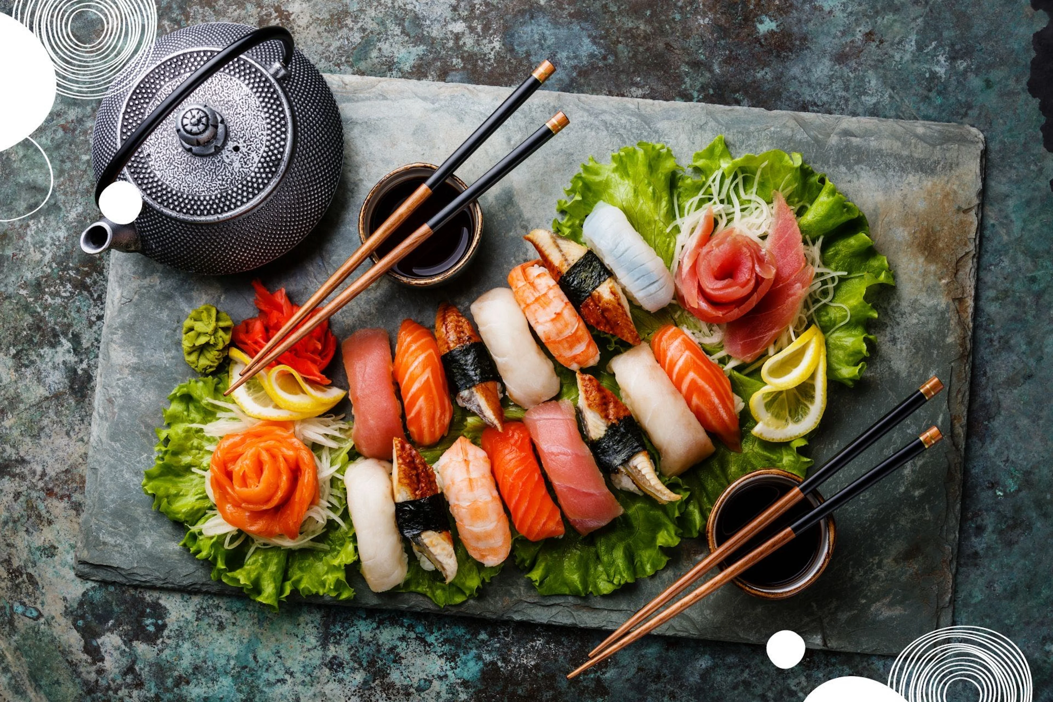 Assorted sushi platter with sashimi and wasabi