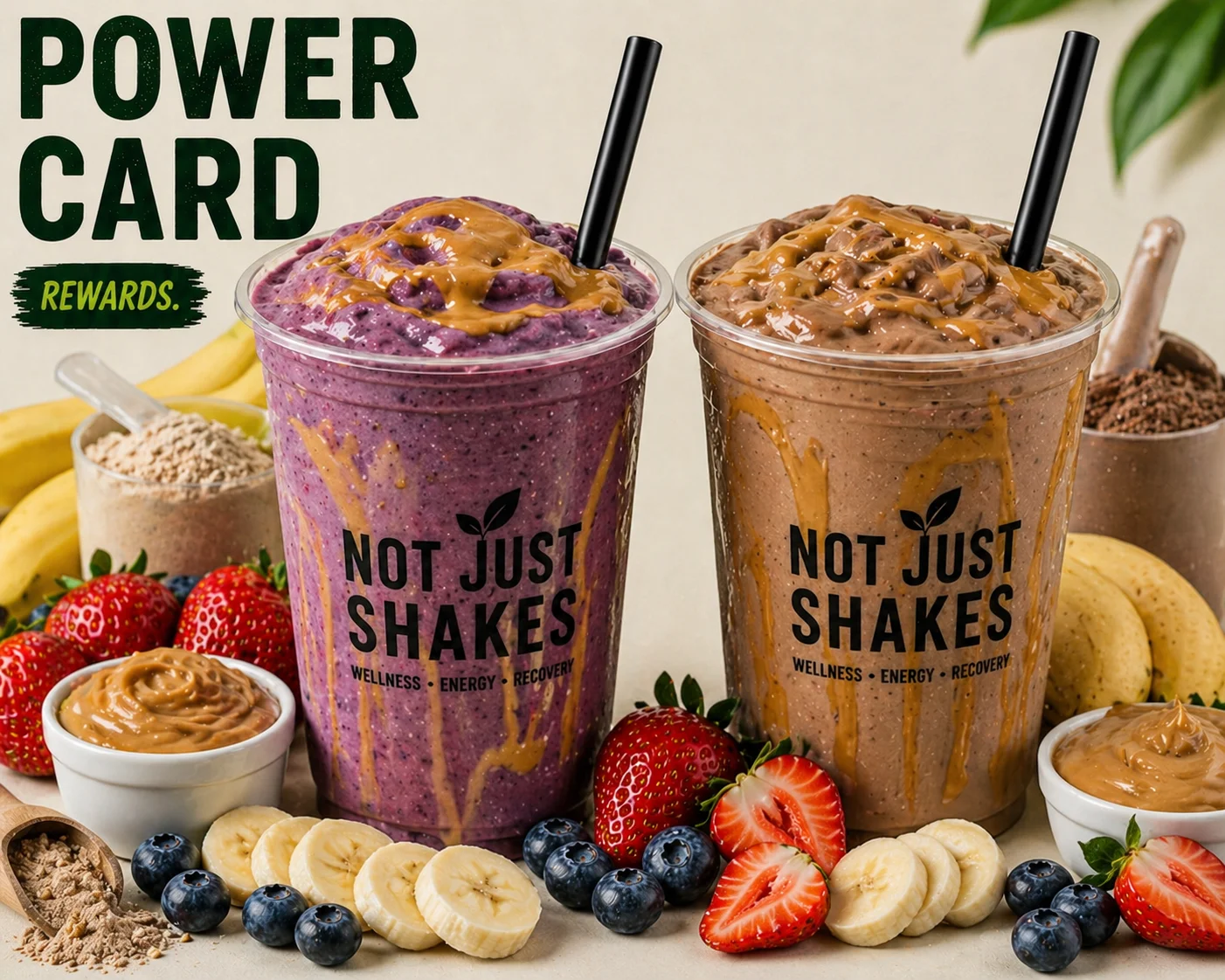 Two colorful smoothie cups topped with peanut butter and surrounded by fresh fruits like strawberries, bananas, and blueberries, along with ingredients for shakes.
