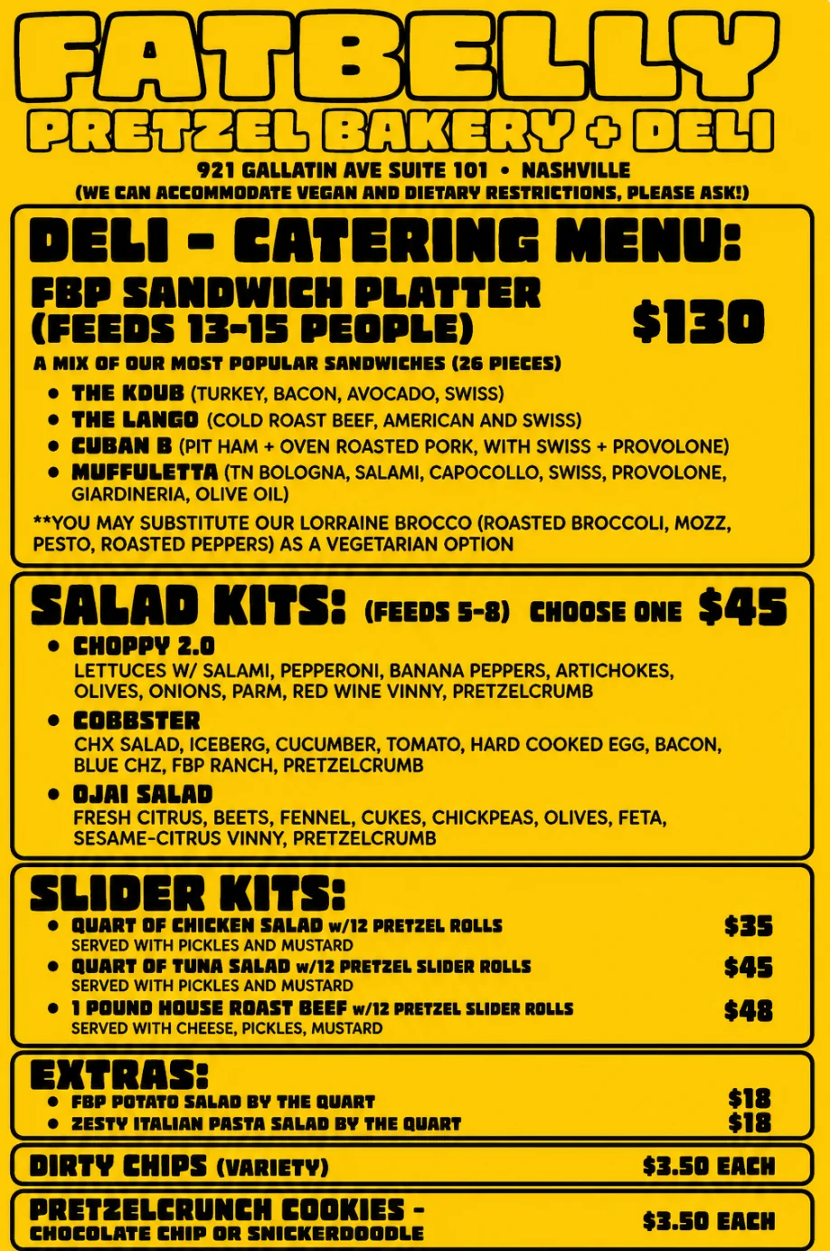 Catering menu featuring assorted deli sandwiches and salads