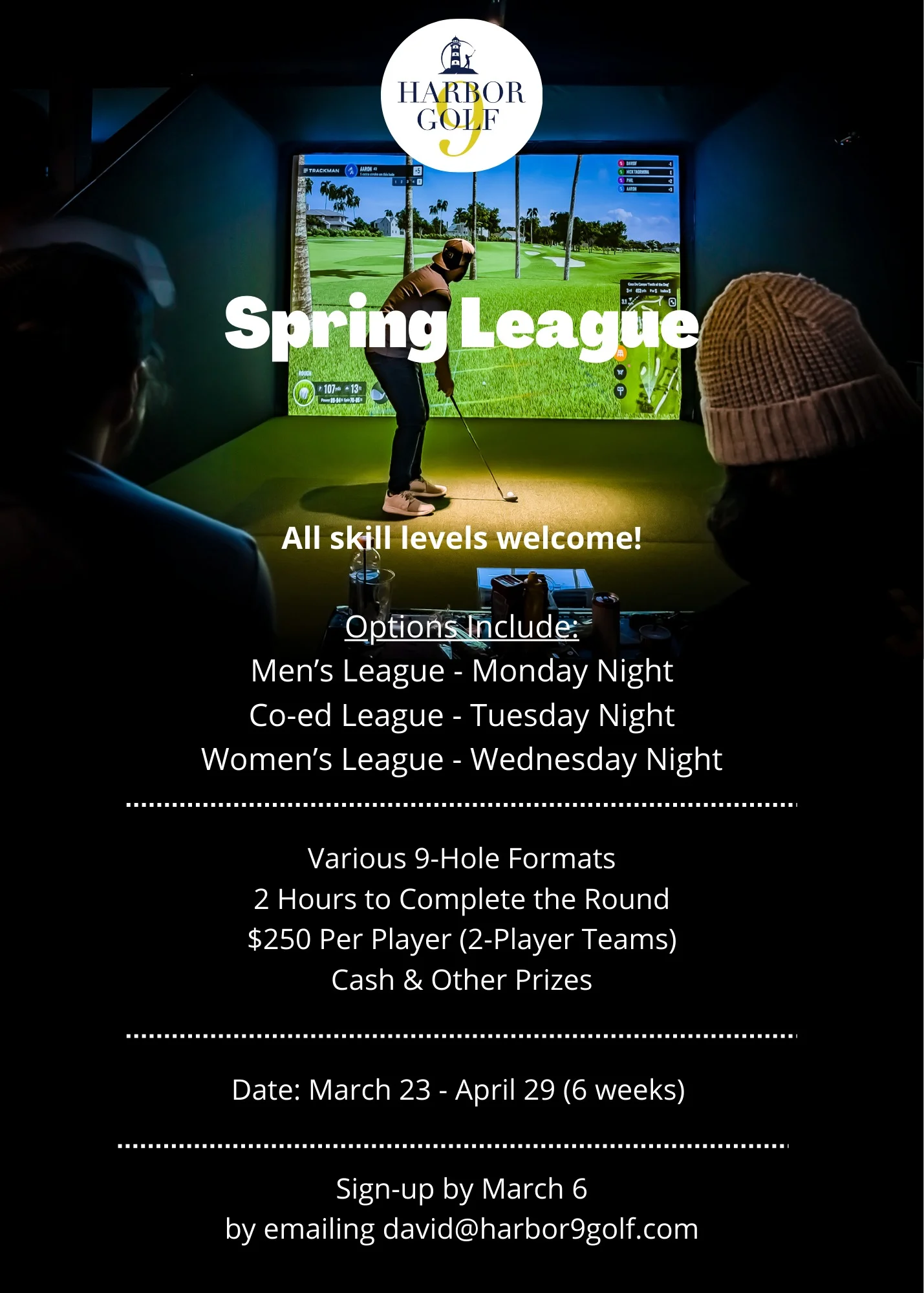 Indoor golf simulator for Spring League at Harbor Golf
