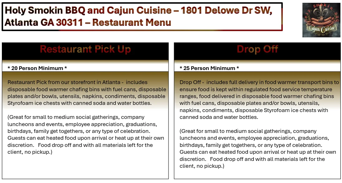 Catering options menu with various food selections and pricing details.