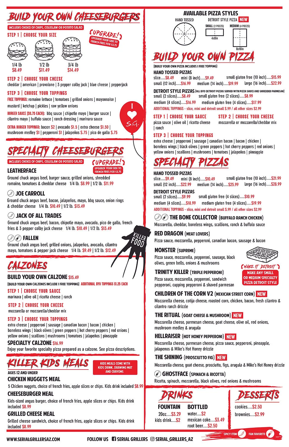 Menu featuring customizable burgers and pizzas at a casual eatery