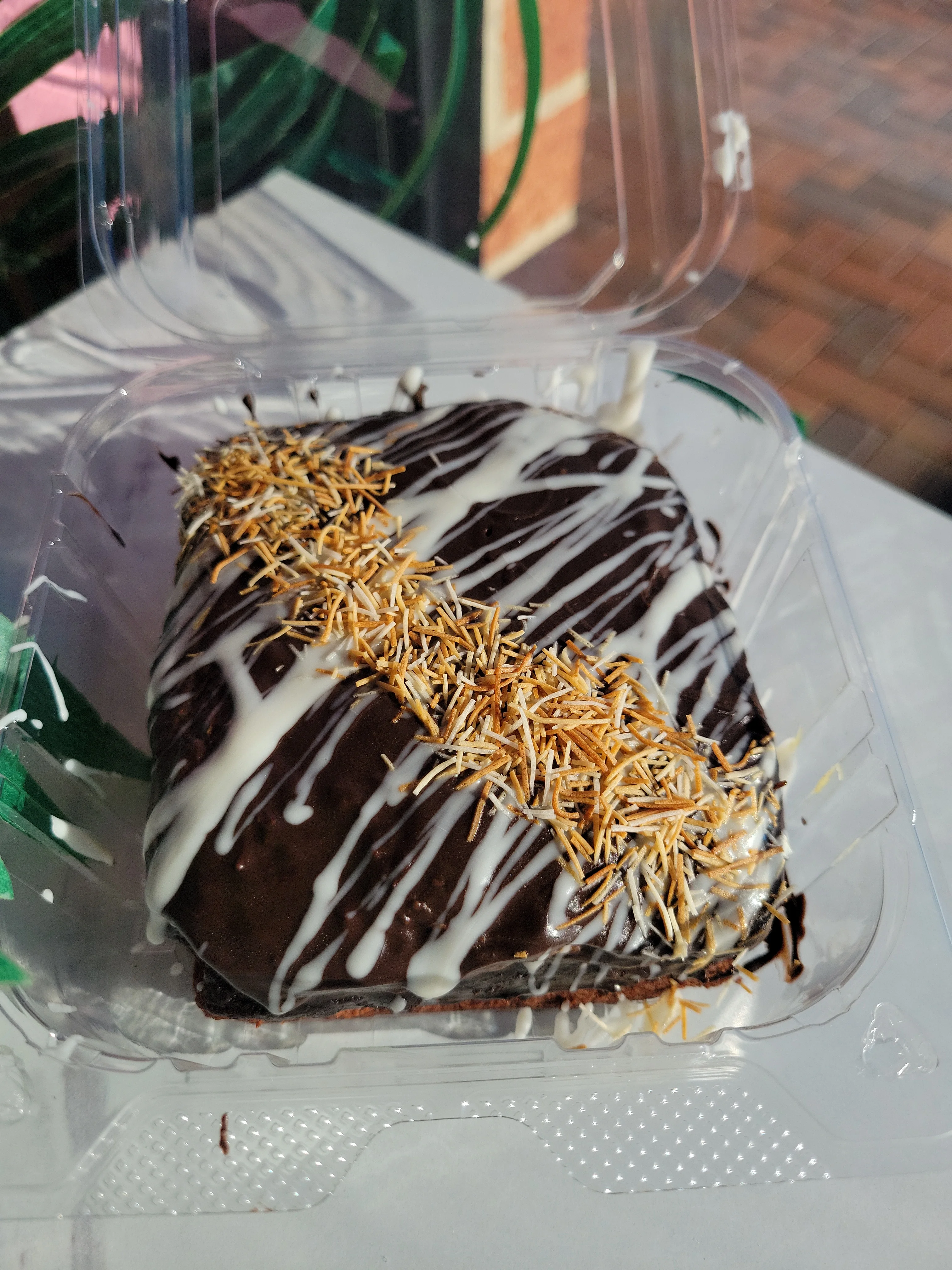 Chocolate-covered cake with coconut topping