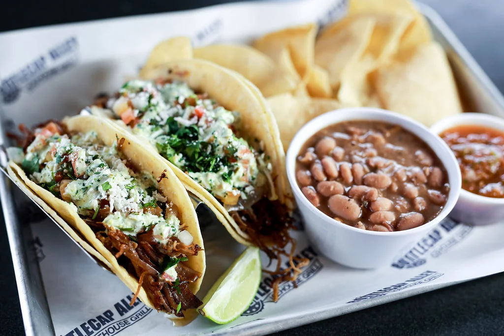Hand Crafted Street Tacos with Charro Beans and Chips & Salsa