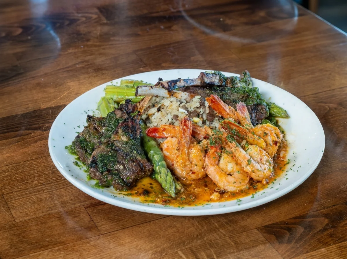 Grilled surf and turf platter with shrimp and lamb chops