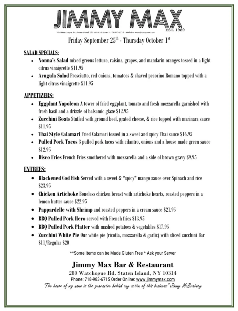Jimmy Max Weekly Menu Specials