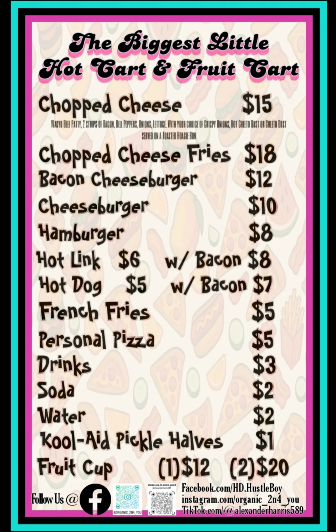 A detailed menu displaying items from a food cart, including prices for various sandwiches, drinks, and snacks.