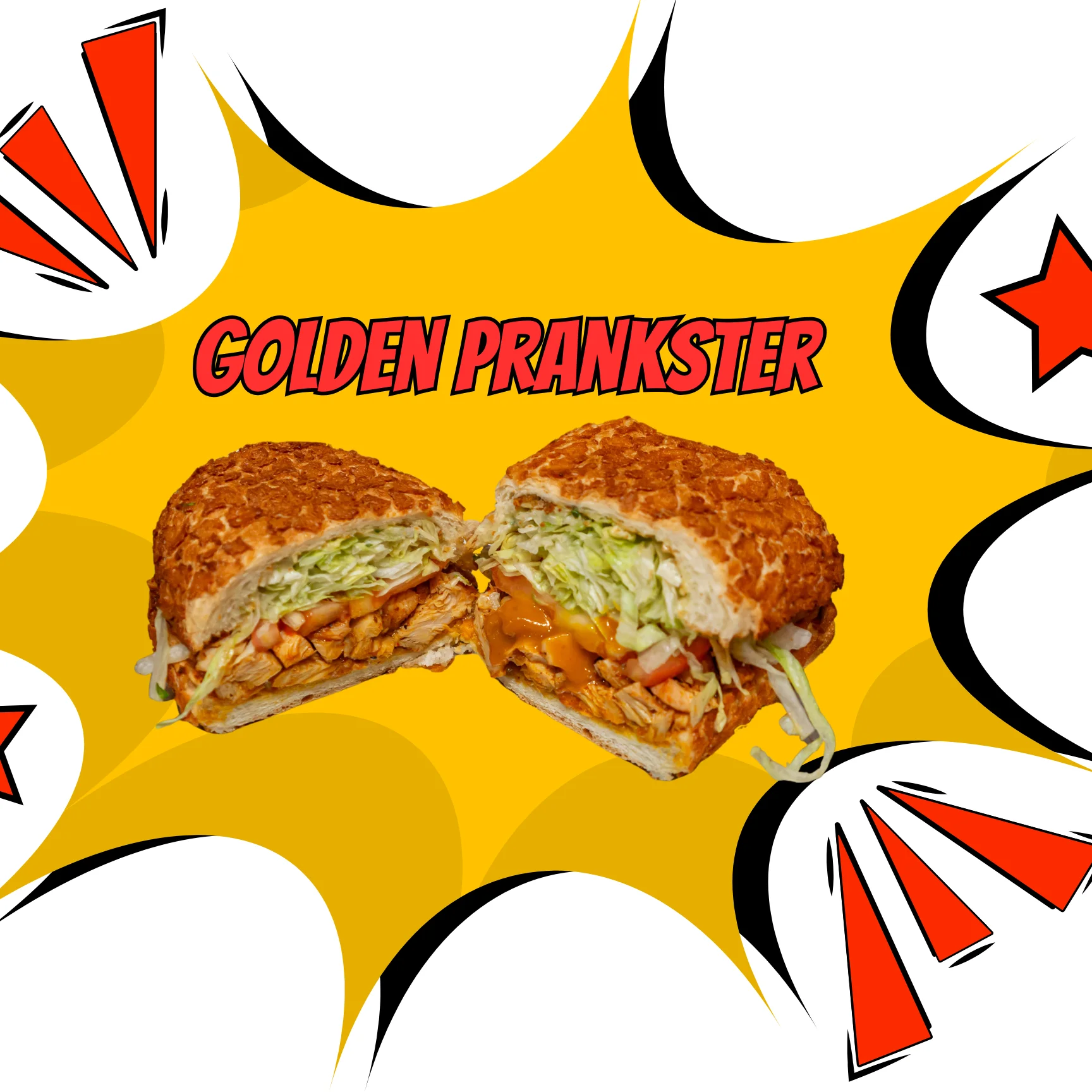 A cross-section of a sandwich with layers of chicken, lettuce, tomatoes, and sauce, set against a vibrant yellow pop-art background.