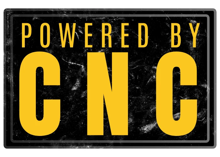 Logo design featuring 'Powered by CNC' in bold yellow letters