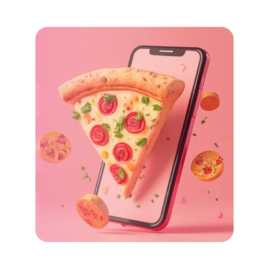 Slice of pepperoni pizza floating above a smartphone