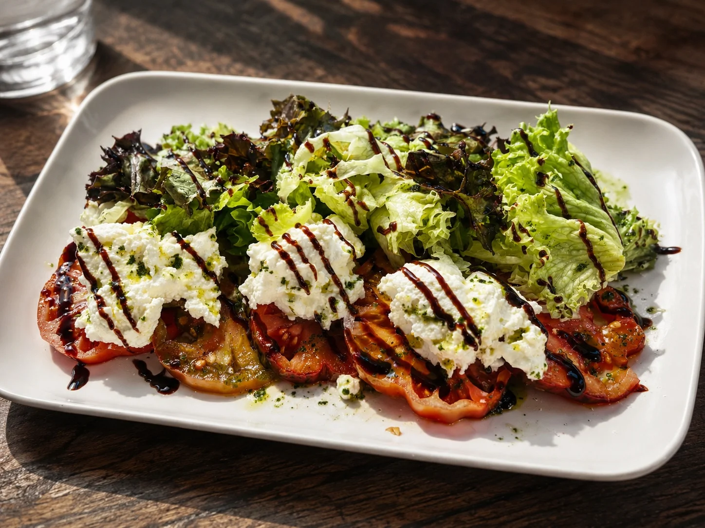 Caprese salad with fresh greens and ricotta cheese