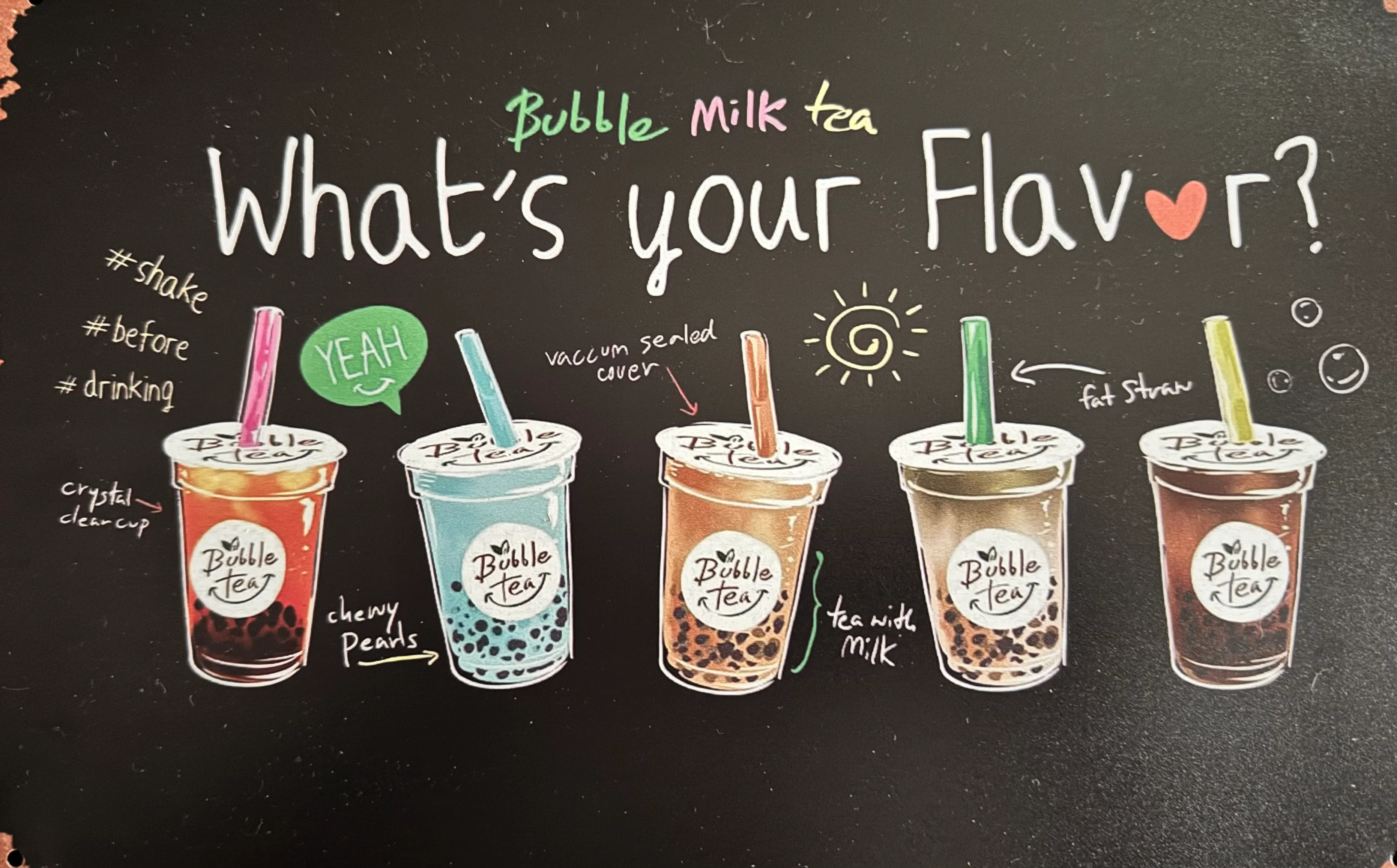 Colorful bubble tea drinks with various flavors and toppings