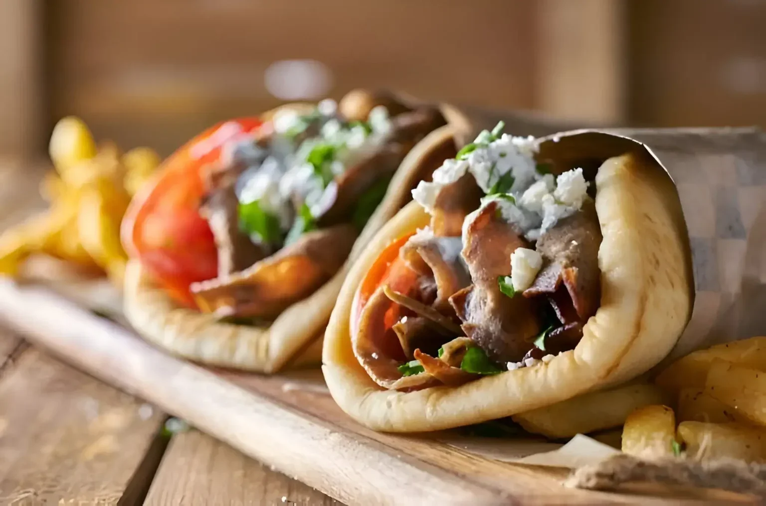 Delicious Greek gyros wrapped in pita with fresh toppings