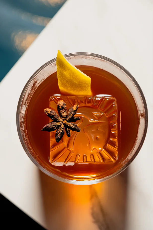 Bourbon, Rye, Acid Adjusted Black Vinegar Syrup, KF Bitters