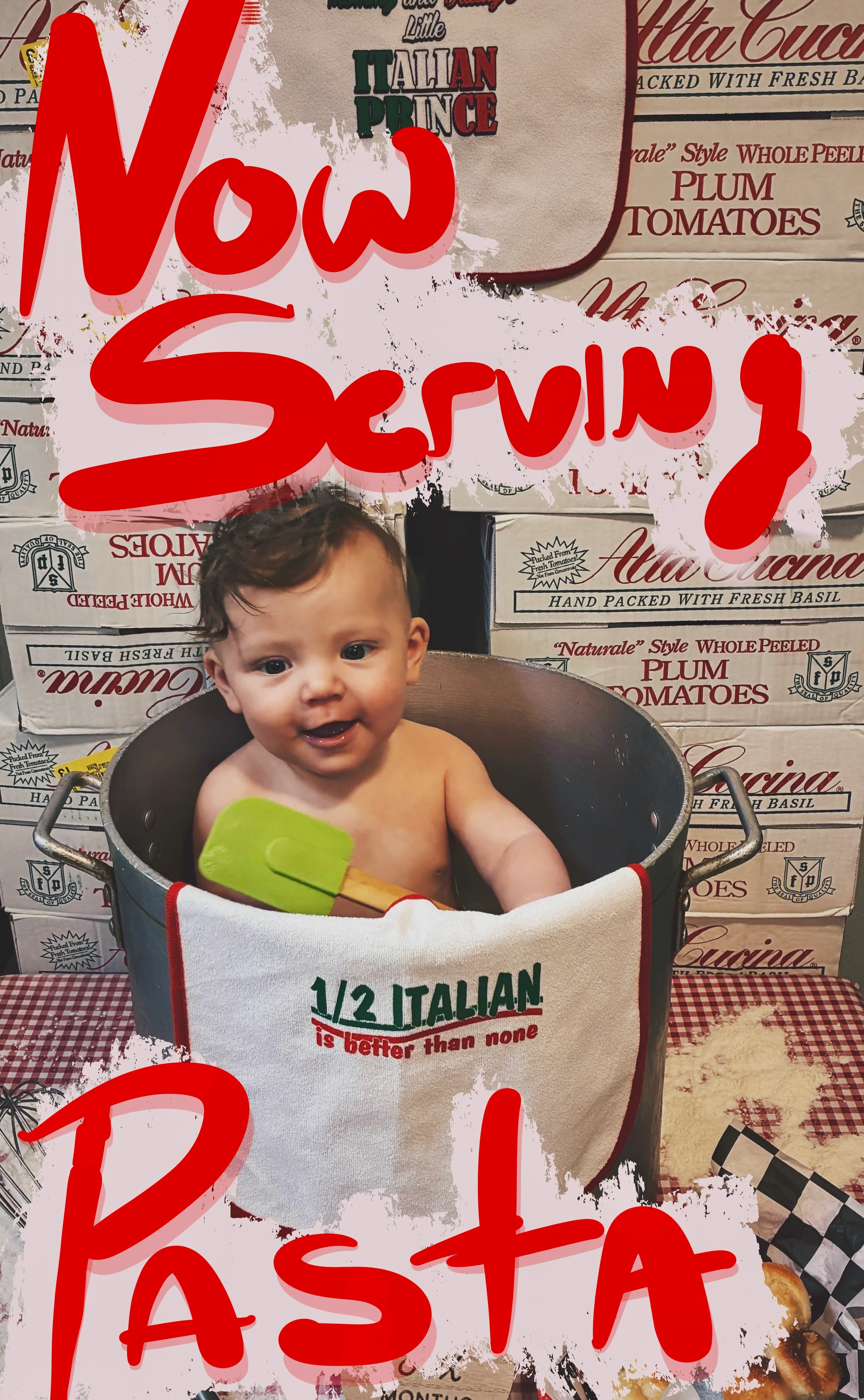 Child in a pot with Italian-themed decor, promoting pasta dishes